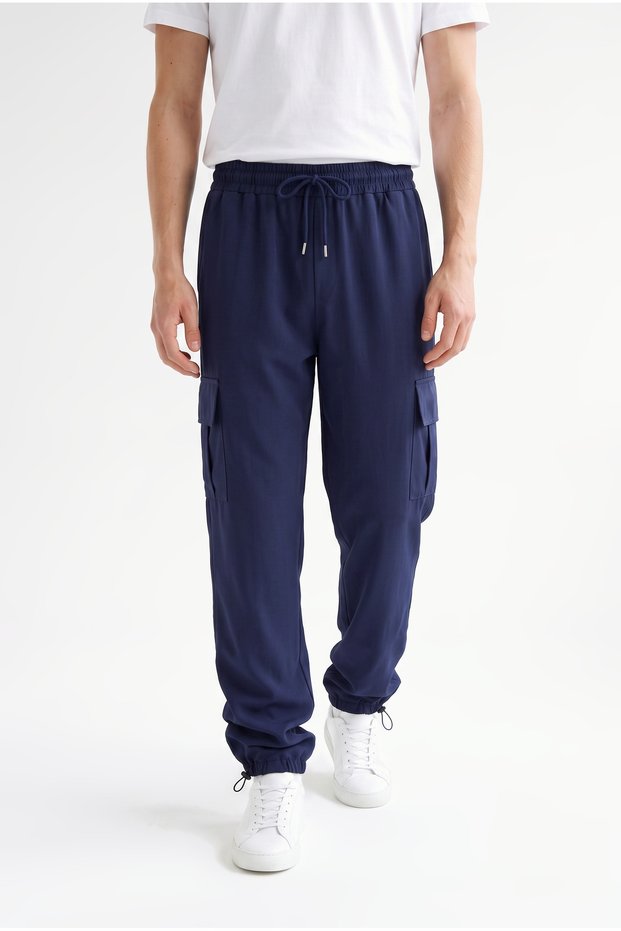 Men's Navy Blue Parachute Fabric Baggy Trousers with Commando Pockets, Loose Fit, Comfortable Fit