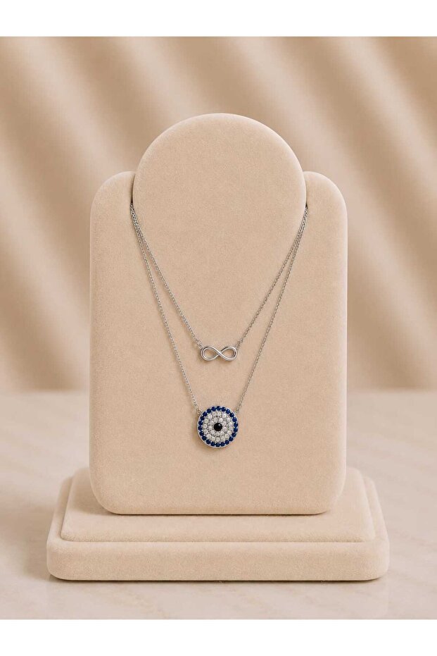 Minimal Infinity and Evil Eye Beaded Silver Double Necklace
