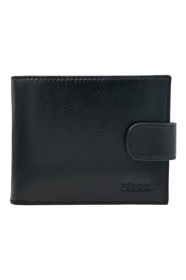 Horizontal Model Genuine Leather Classic Men's Wallet with Coin Compartment Black