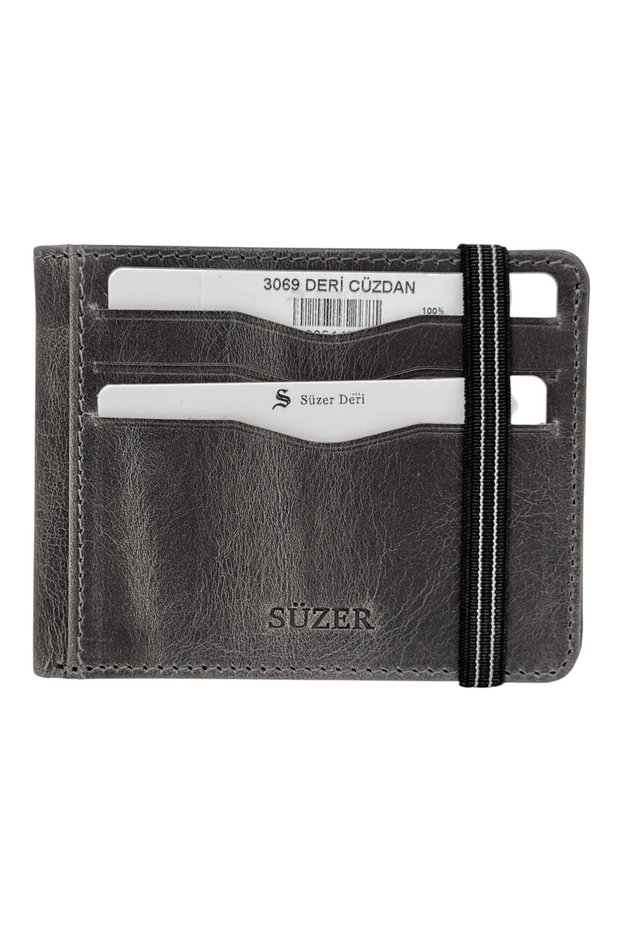 Elastic, Double-Folded, Transparent Internal Compartments, Horizontal Model, Genuine Leather, Sports Men's Wallet, Gray
