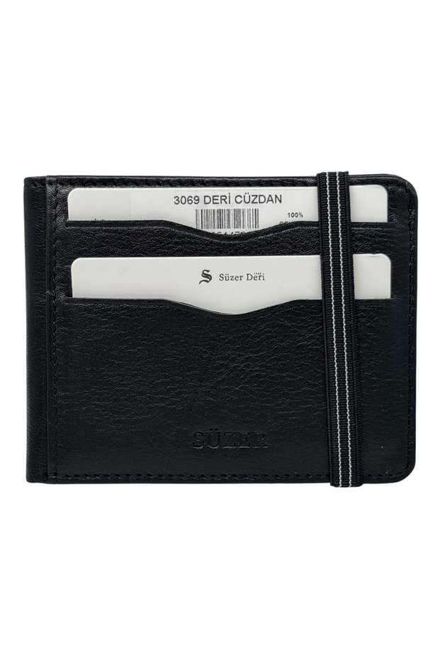 Elastic, Double-Folded, Transparent Internal Compartments, Horizontal Model, Genuine Leather, Sports Men's Wallet, Black
