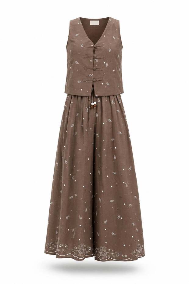 Brown Patterned Vest and Trousers Set