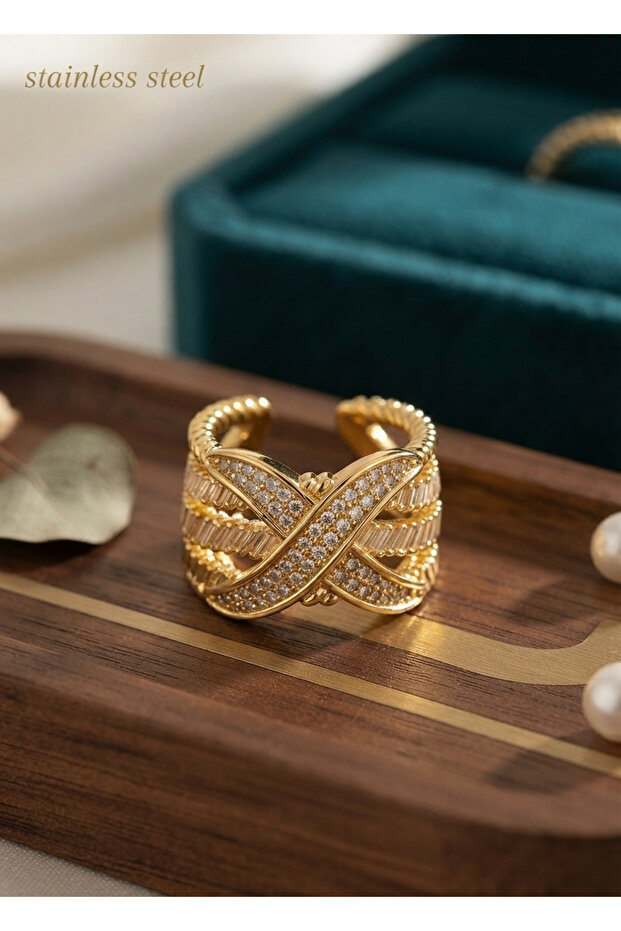 Brass Gold Color Adjustable Zircon Stone X Model Ring