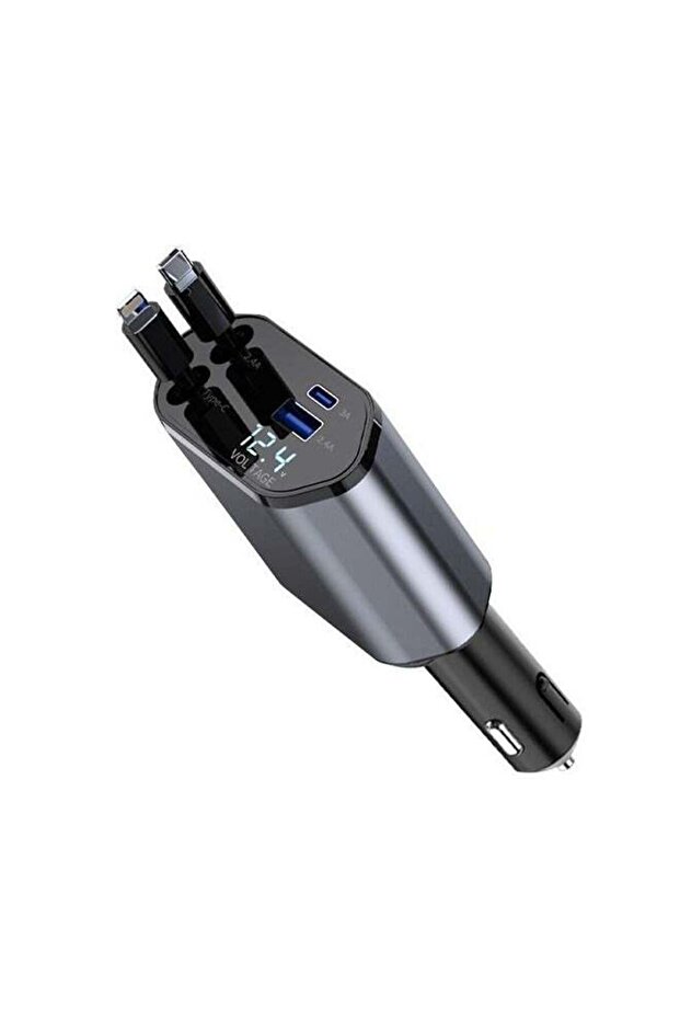 120W Fast Car Charger with Dual Retractable Cables, Type-C & Lightning, Power Up to 4 Device