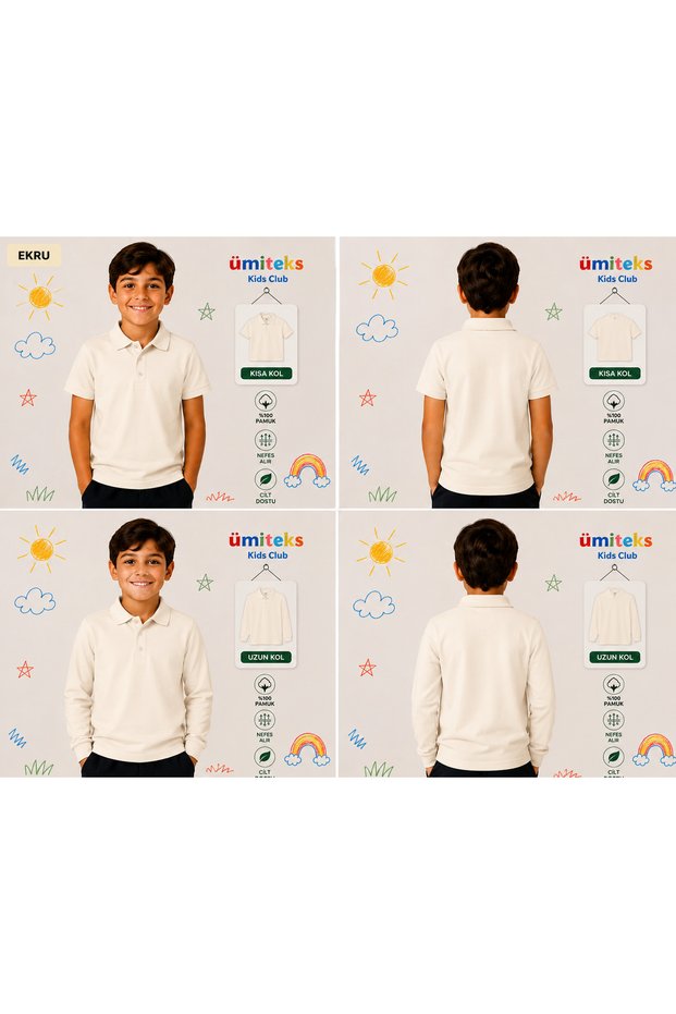 Ümiteks Kids Club Children's Polo Collar T-Shirt 100% Cotton Short Sleeve & Long Sleeve School T-Shirt 2-Piece Set