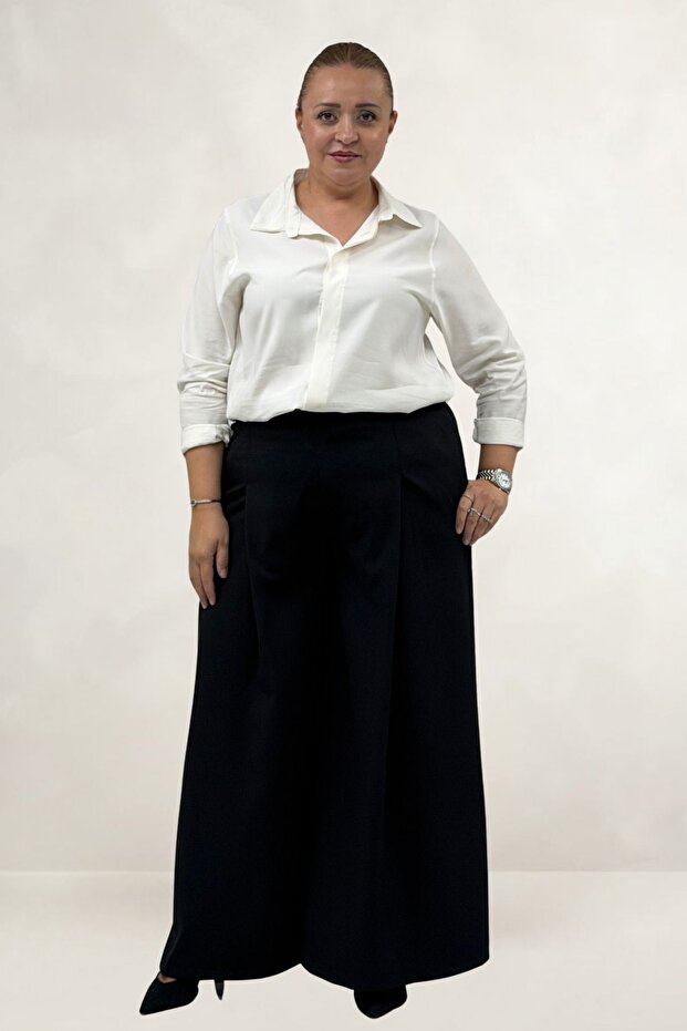 69020 Plus Size Elastic Waist Double Skirt Trousers - Black
