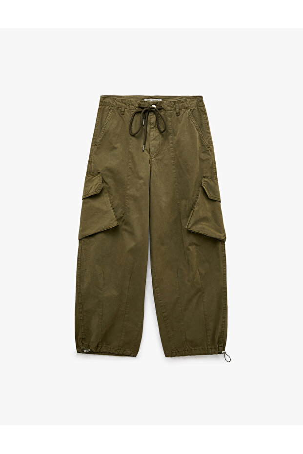 Comfortable Fit, Lace-Up Waist, Buttoned, Cargo Pocket, Gabardine Cotton Balloon Trousers