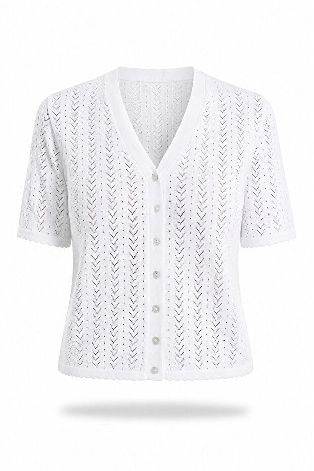White Openwork Short Sleeve Knitwear Cardigan 5385