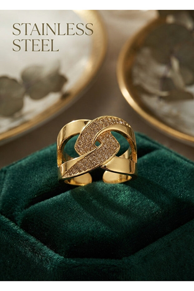 Brass gold color adjustable zircon stone ring