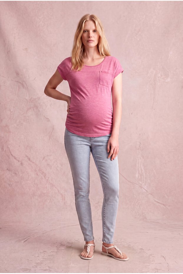 Maternity Cotton Fuchsia Short Sleeve Wide Collar Pocket Detailed T-Shirt Violette