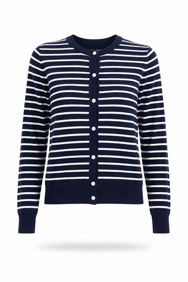 Navy Blue Striped Lyocell Yarn Cardigan 5880