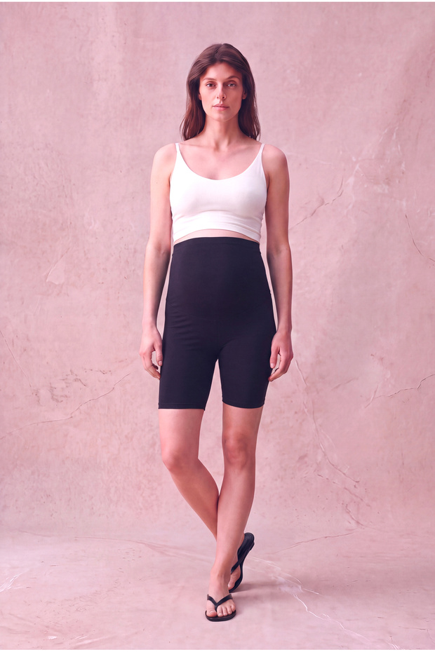 Maternity Cotton Black Above Knee High Waist Biker Leggings with Abdominal Support Landry
