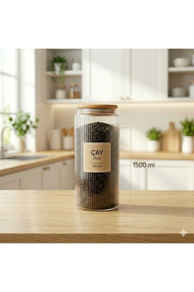 Single 1500 ml Striped Glass Jar with Wooden Lid – Premium Design, Stylish Appearance, and Multi-Purpose Food Storage Solution