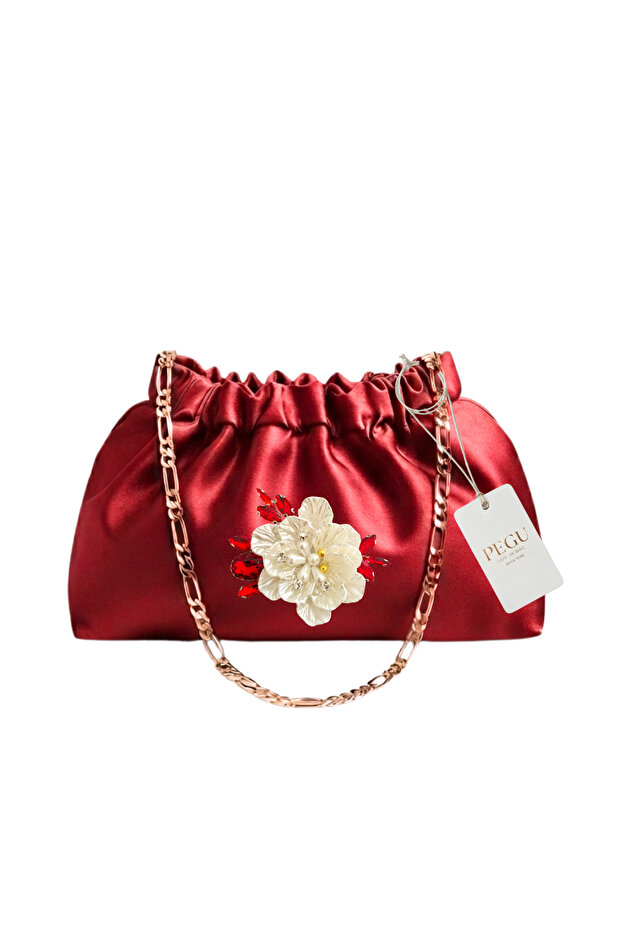 Red Satin Royale Series Handmade Custom Design Drawstring Bag with Chain Handle, for Evening Dress, Wedding, Engagement, Celebration, Event, Casual.. 67