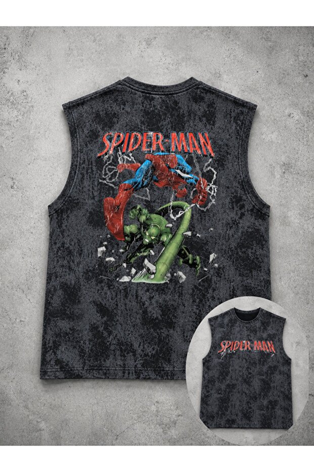 Unisex Black Washed Sleeveless Undershirt with Spider-Man Print on the Back