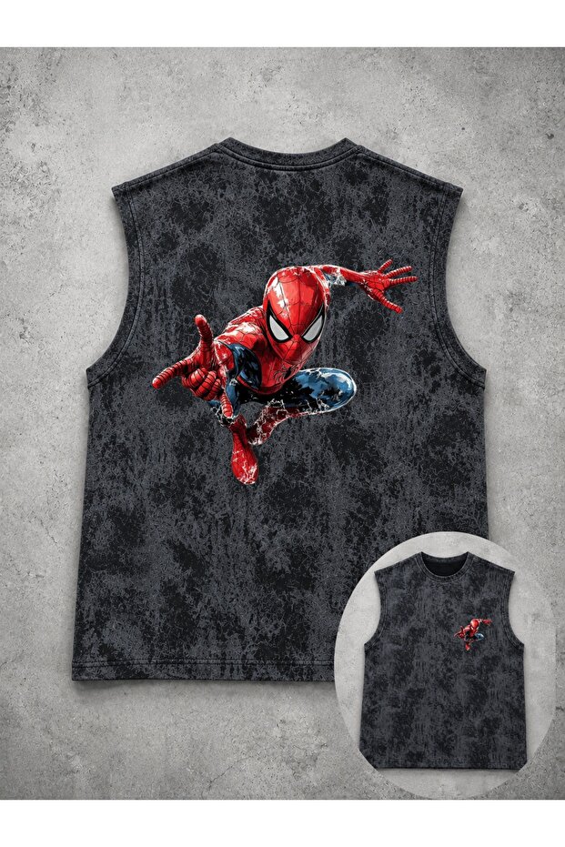 Unisex Black Washed Sleeveless Undershirt with Spider-Man Print on the Back