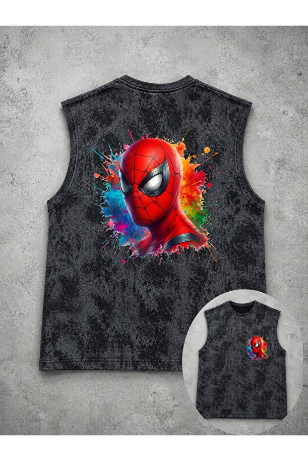 Unisex Black Washed Sleeveless Undershirt with Spider-Man Print on the Back
