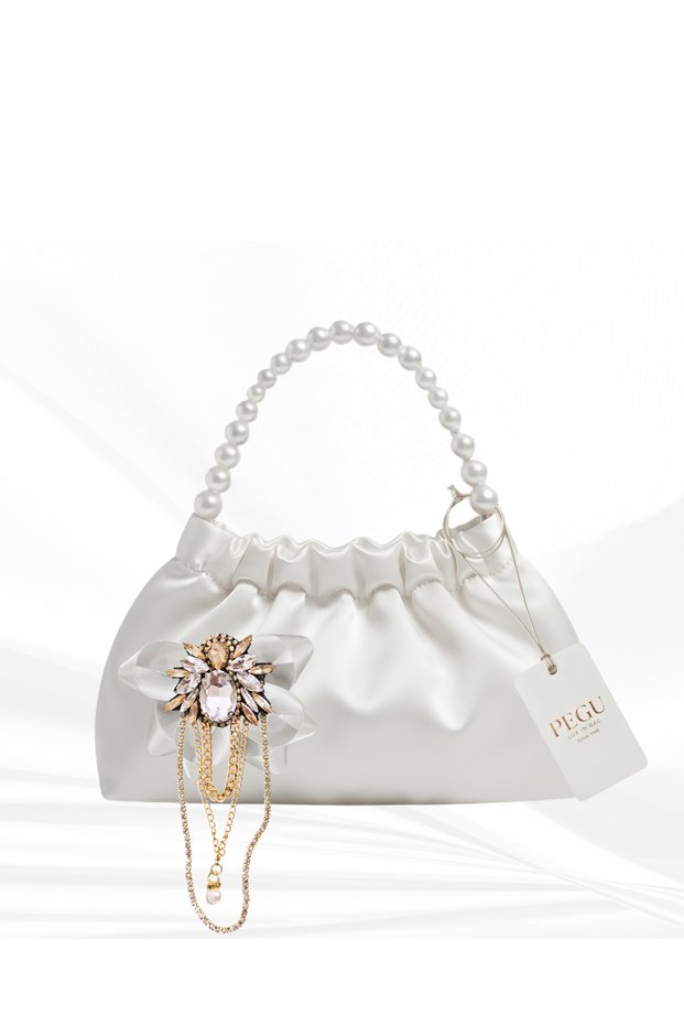 White Satin Crystal Glass Stone Design, Handmade Pearl Handle Bag, for Evening Dresses, Daily Use, Events, Celebrations..69