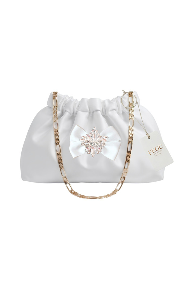 White Satin Royale Series Handmade Custom Design Drawstrap Bag with Chain Handle, for Evening Dresses, Weddings, Engagements, Celebrations, Events, Casual Use.. 35