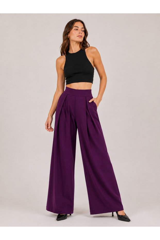 Women's High Waist Pleated Pocketed Closed Slit Palazzo Trousers