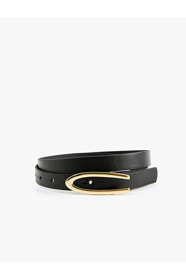 Metal Buckle Detailed Faux Leather Thin Belt