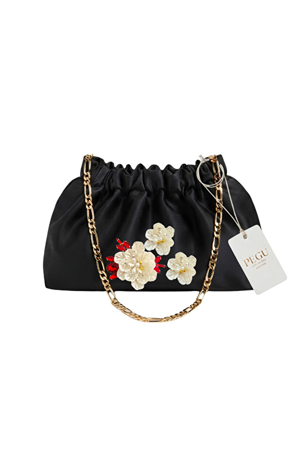 Black Satin Royale Series Handmade Custom Design Drawstring Bag with Chain Handle, for Evening Dresses, Weddings, Engagements, Celebrations, Events, Casual Use.. 54