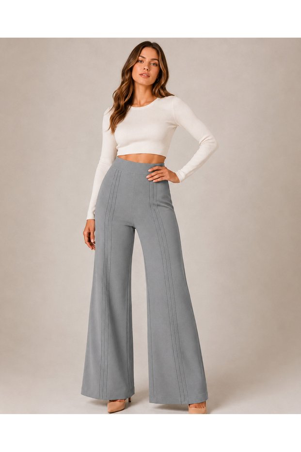 Women's High Waist Stitched Hem Detailed Modal Fabric Palazzo Trousers