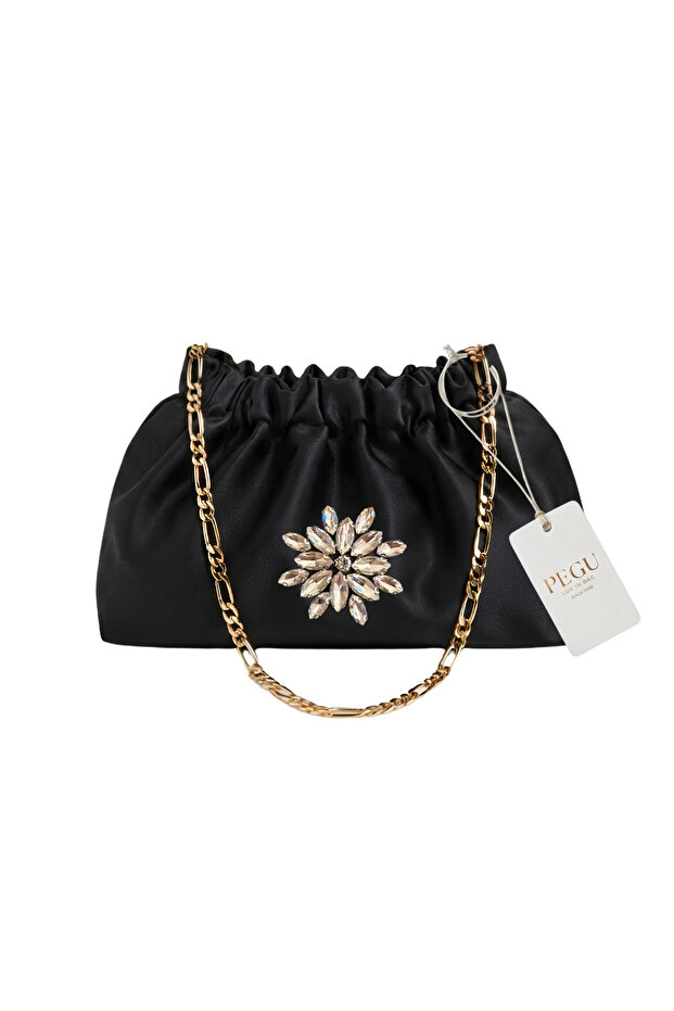 Black Satin Royale Series Handmade Custom Design Drawstring Bag with Chain Handle, for Evening Dresses, Weddings, Engagements, Celebrations, Events, Casual Use.. 56