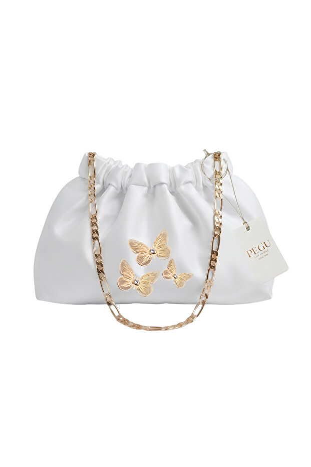 White Satin Royale Series Handmade Custom Design Drawstrap Bag with Chain Handle, for Evening Dresses, Weddings, Engagements, Celebrations, Events, Casual Use.. 38