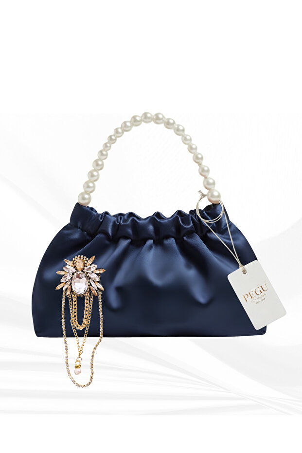 Dark Blue Satin Crystal Glass Stone Design, Handmade Pearl Handle Foldable Bag, for Evening Dresses, Daily Use, Events, Celebrations..37