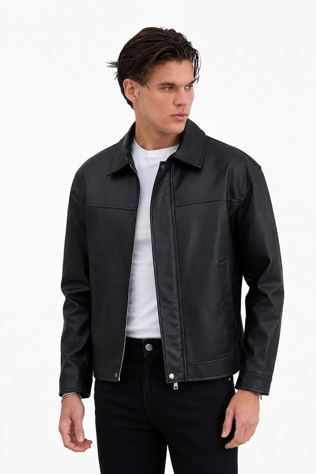 Men's Classic Collar Black Leather Jacket Premium Quality