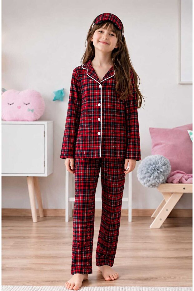 Girl Cotton Plaid Pattern Long Sleeve Button Pajama Set