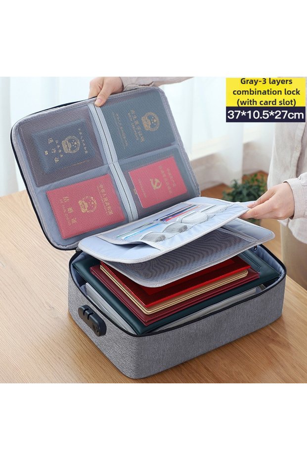 Gray Large Capacity Document Storage Bag Organizer 3-Layer Home Office Travel Passport Briefcase