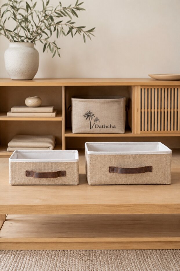 2-Piece Jute Organizer S-M Size 26X20X10 + 30X23X13 cm In-Cabinet Shelf Bathroom Organizer Storage Box