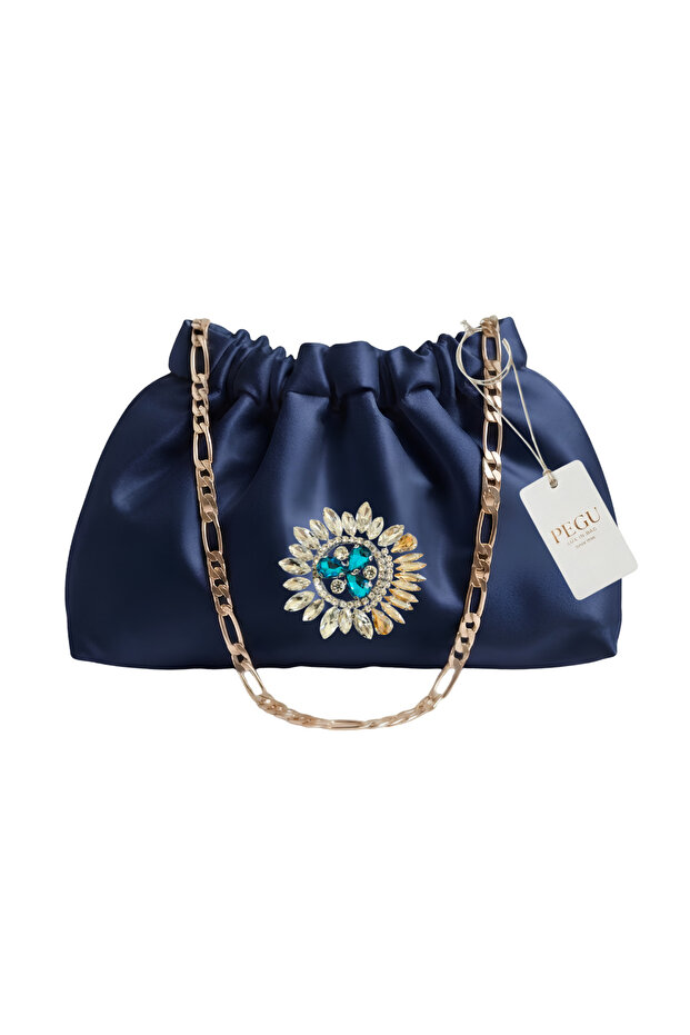 Dark Blue Satin Royale Series Handmade Custom Design Drawstring Bag with Chain Handle, for Evening Dresses, Weddings, Engagements, Celebrations, Events, Casual Use.. 34