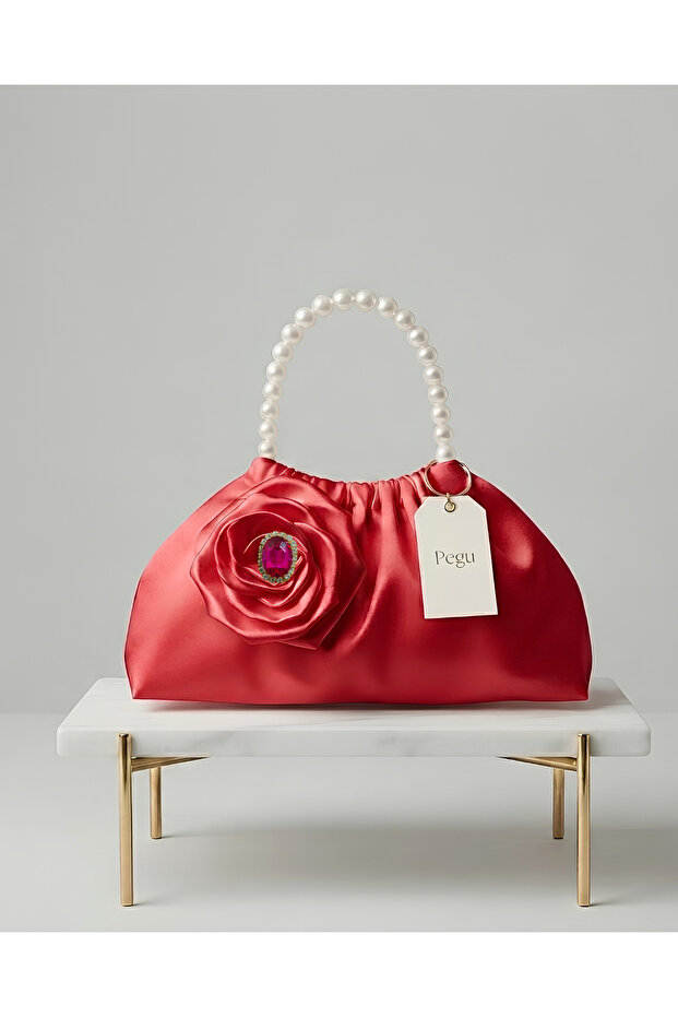 Royale Series Red Satin Pearl Handle Pull-Strap Rose Patterned Handmade Luxury Bag, Wedding, Evening Dress, Engagement, Celebration, Daily Use.