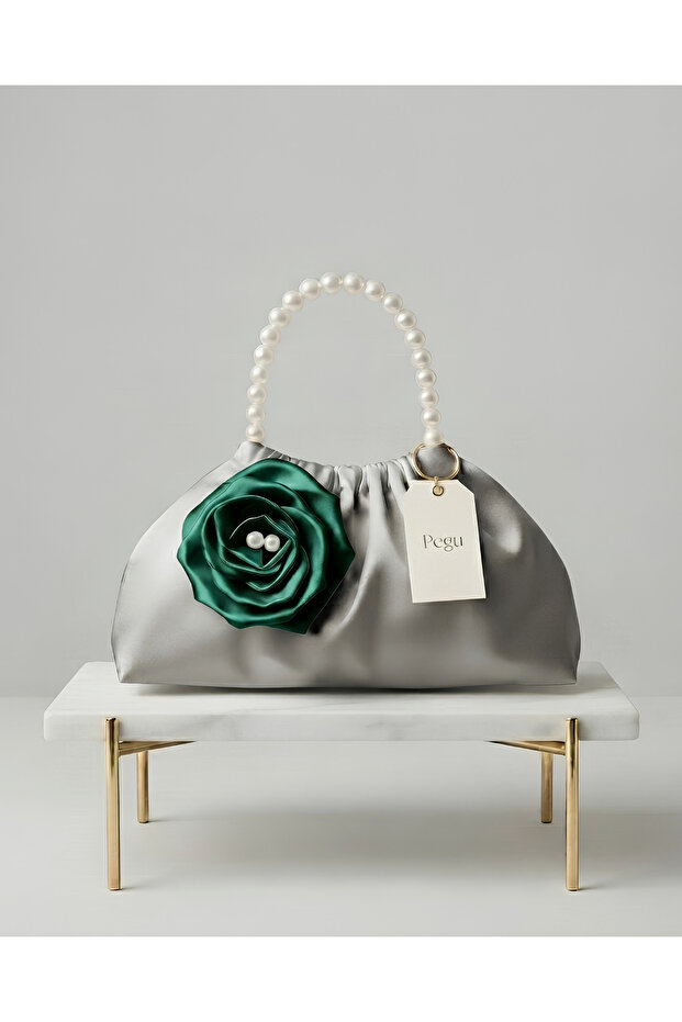 Royale Series Gray Satin Pearl Handle Pull-Strap Rose Patterned Handmade Luxury Bag, Wedding, Evening Dress, Engagement, Celebration, Daily Use.
