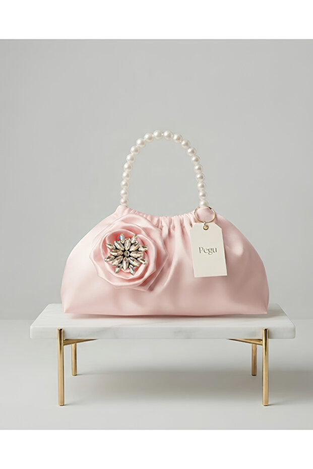 Royale Series Pearl Handle, Ruffled Rose Patterned, Handmade Luxury Bag, Wedding, Evening Dress, Engagement, Celebration, Daily Use.
