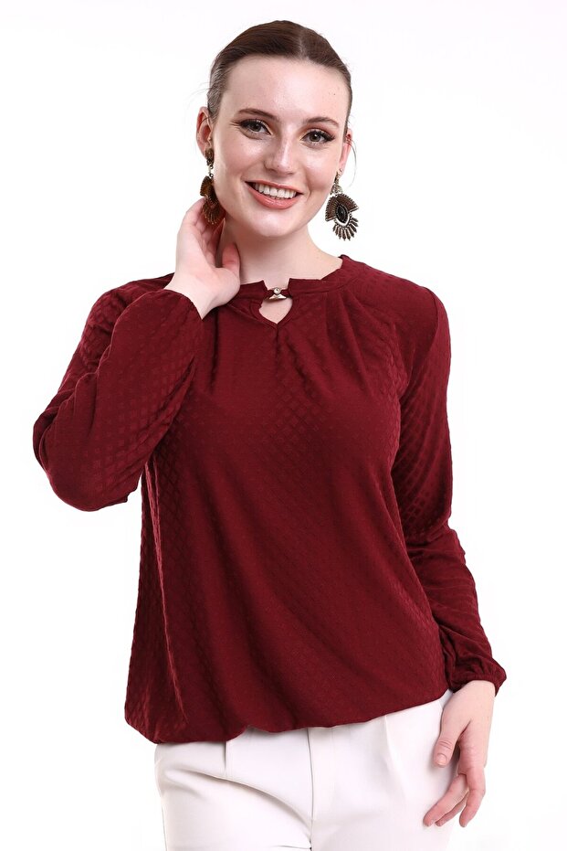 Women's Casual Draped Collar Detailed Burgundy Stylish Blouse