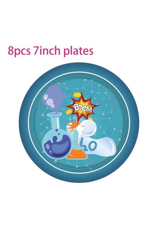 MM067-8pcs-7inch Cartoon Cool Scientist Science DNA Chemical Party Disposable Tableware Sets Birthda
