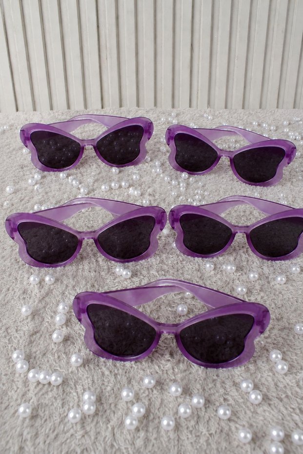 Purple Transparent 5-Piece Butterfly Patterned Bride and Groom Party Glasses, Accessory Glasses for Wedding, Engagement, Henna, Bachelorette, Photo Shoot, Birthday, Bride to Be, Circumcision and Organization Events
