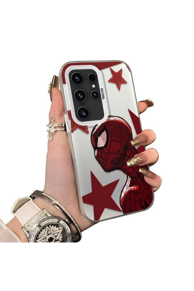 Samsung Galaxy S23 Ultra Compatible Hard Acrylic Back Silicone Edge Lens Protection Spiderman Case