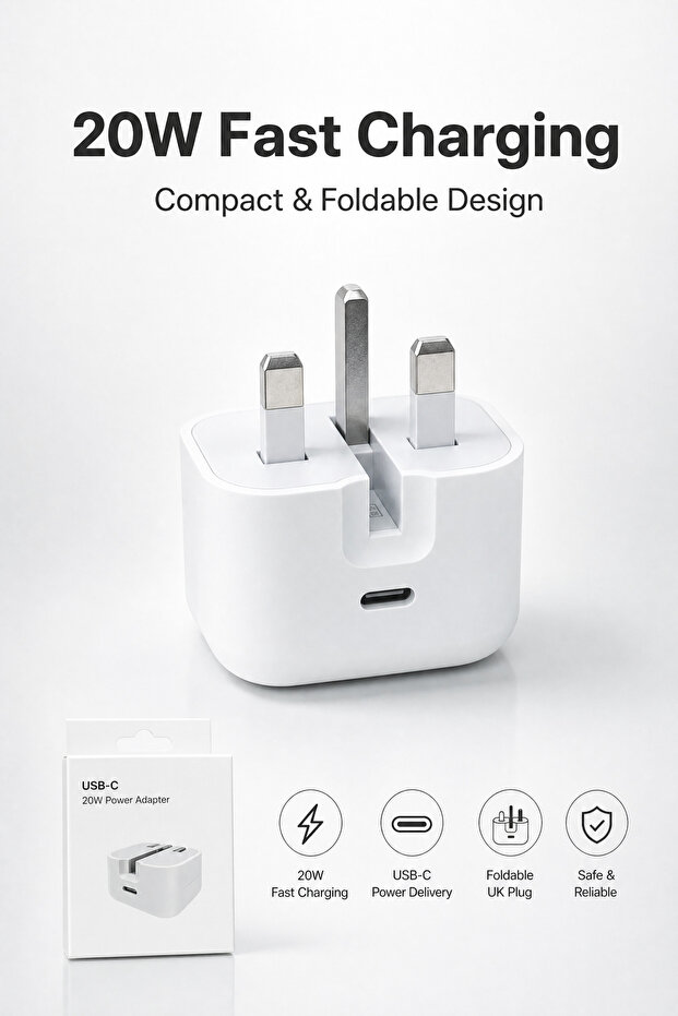 شاحن حائط سريع بقوة 20 واط بتقنية PD USB-C، محول طاقة قابل للطي بقابس بريطاني ثلاثي الأطراف لأجهزة آيفون وأندرويد وأجهزة USB-C