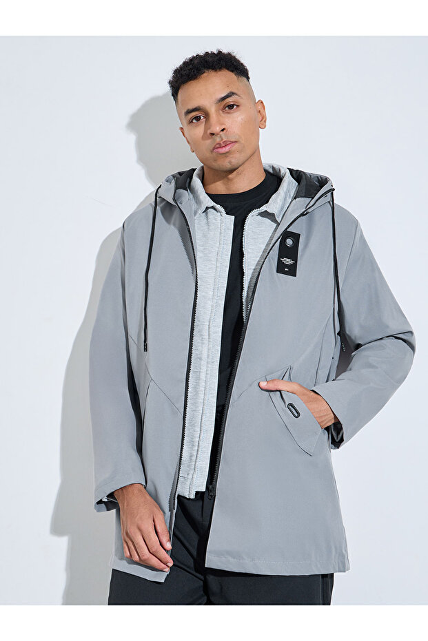 Grey Hooded Regular Fit Utility Trench Coat with Zip Closure