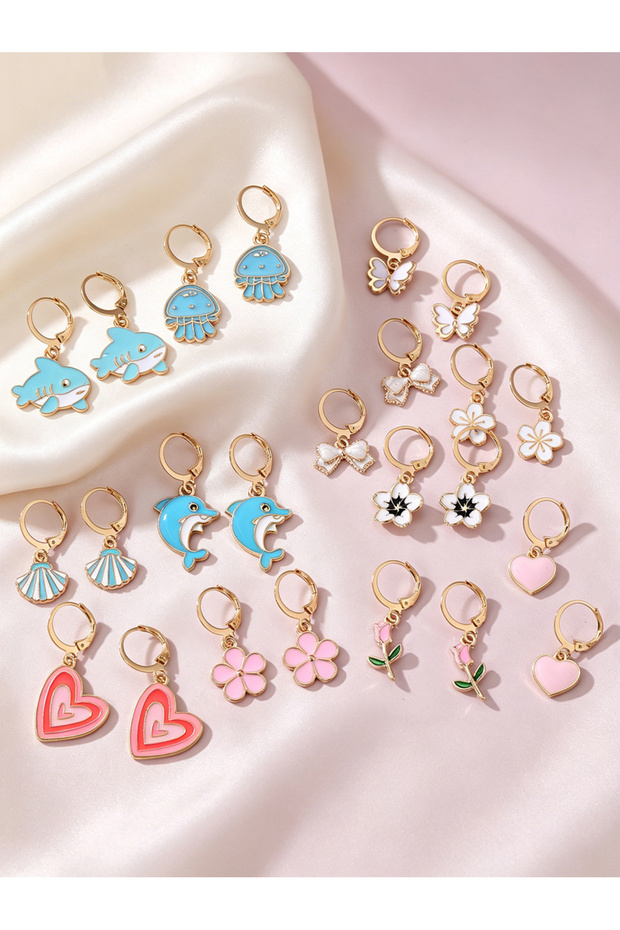 Set of 12 - Dolphin and Heart Design Dangle Earrings