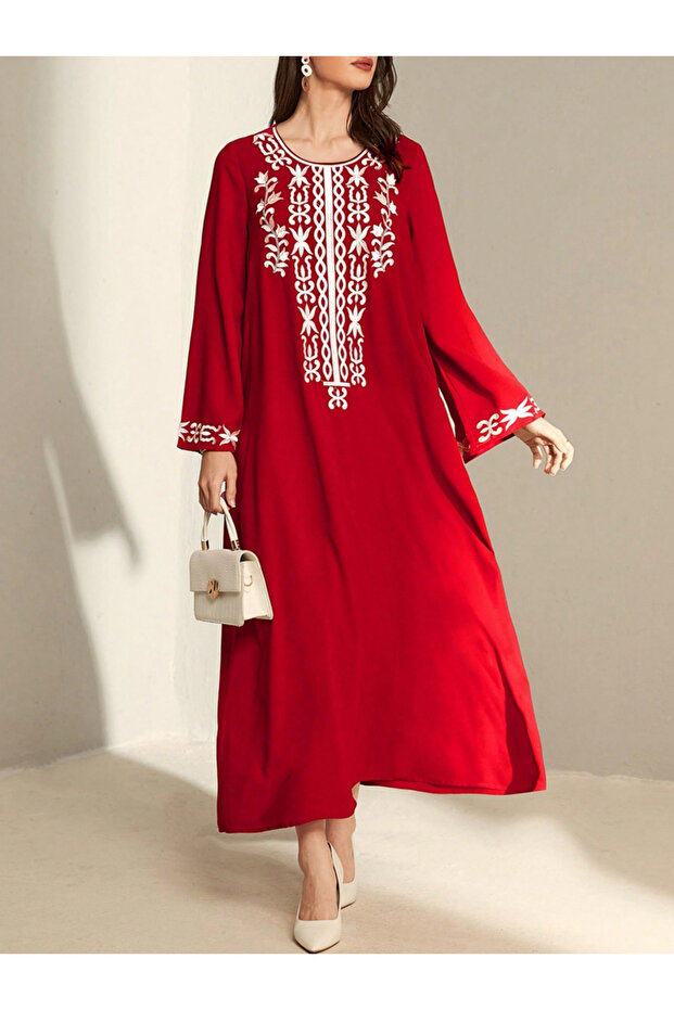Red Floral Embroidered Long Sleeves Jalabiya