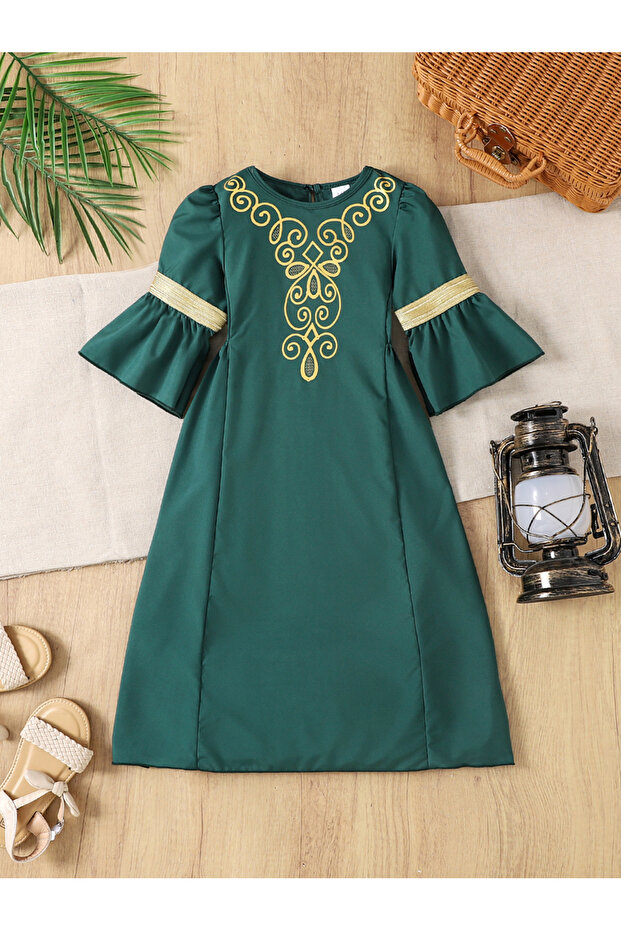 Girls Printed Yoke 3/4 Sleeves Dress