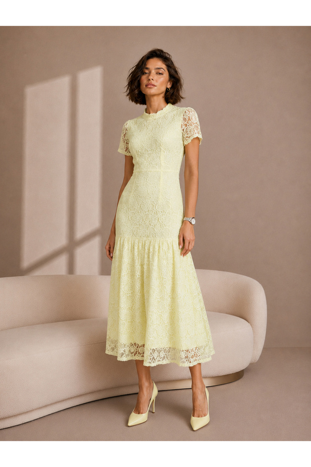 Yellow Short Sleeves Lace A-Line Midi Dress