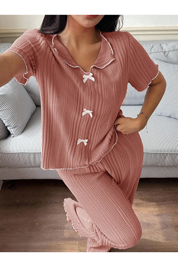Dark Pink Contrast Trims Bow Details Shirt and Pants Pyjama Set