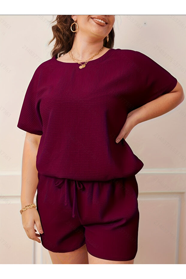 Plus Size Burgundy Waffle Knit T-Shirt and Short Pyjama Set